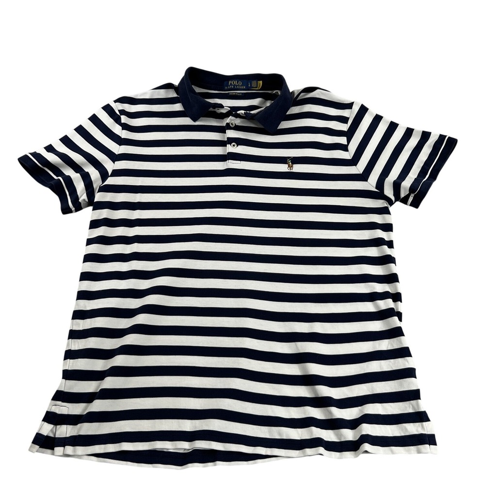Polo Ralph Lauren L Custom Slim Fit Flesh Pony Striped Shirt Navy White Preppy